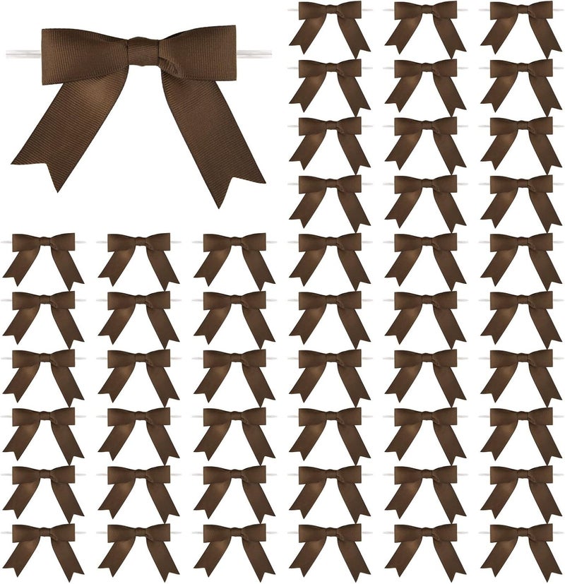 Meseey 50 Pcs 3 Inches Grosgrain Ribbon Twist Tie Bows Brown Pretied Bows Premade Craft Bows for Treat Bags Gift Wrapping Basket Wedding Baby Shower Brithday Valentine's Day Christmas Party (Brown) - Image 1